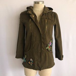 Khaki Military Green Utility Hooded Jacket w/ Patches Appliques Embroidery